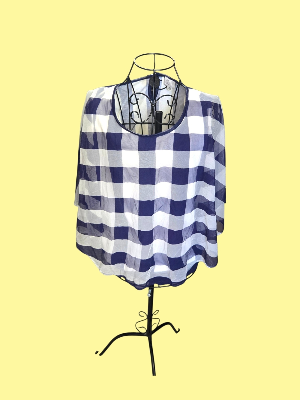 Women's Navy and White Gingham Scoop Neck Top